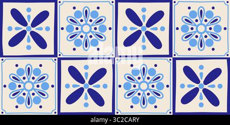 Seamless azulejos ceramic design tiles pattern. Hand drawn traditional blue floral and geometric vector background. Stock Vector