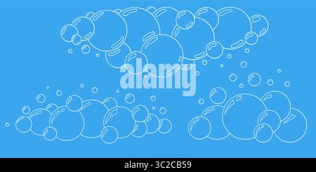 Set of cartoon style bubbles. Hand drawn vector soap bubbles with sparkles on blue background. Water and soda clean effect. Outline sketch Stock Vector
