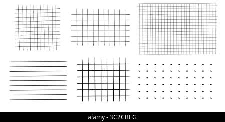 Graph crayon hand drawn textured set square grid for note, geometric line texture. Collection Crayon or pencil stripes, dots for bullet journal pages. Vector illustration Stock Vector