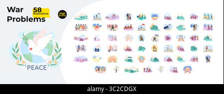 War crisis and peacebuilding efforts cartoon flat illustrations mega bundle Stock Vector