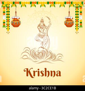 Lord Krishna dancing on Kaliya naag in the religious festival background of India for Shri Krishna Janmashtami celebration Stock Vector