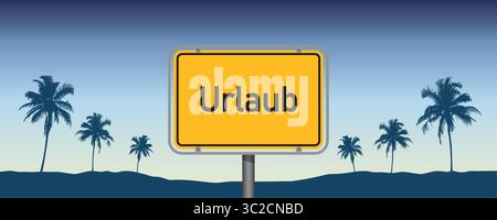 german text vacation on yellow sign on blue sky background with palm leaves vector illustration Stock Vector