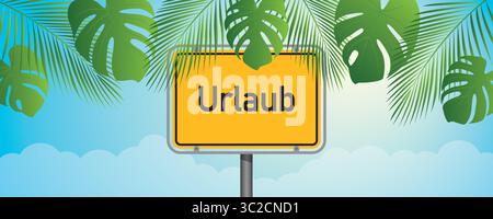 german text vacation on yellow sign on blue sky background with palm leaves vector illustration Stock Vector