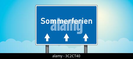 german text summer vacation on blue sign on blue sky background vector illustration Stock Vector