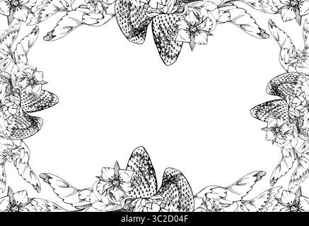 Strawberry leaves flowers garland frame, pineberry strasberry snakeberry ripe garden berries. Hand drawn in vector ink. Isolated border illustration Stock Vector