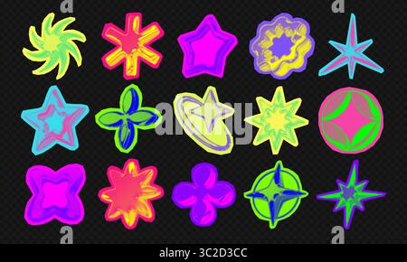 Y2k 3d punk neon colors light chrome halftone stars shape retro abstract vector illustration sticker set. Stock Vector