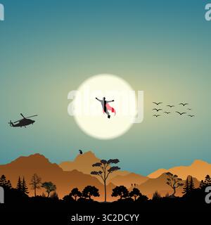 Silhouette of a superhero flying in front of the sun with a helicopter and trees in the foreground Stock Vector