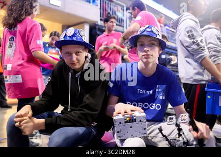 June 1, 2019: Montevideo, Uruguay: Greek participants during the robotics competition of the FIRST LEGO League Open 2019, at the Antel Arena.  FIRST LEGO League (FLL) is an international competition organized for elementary and middle school students. Each year in August, FFL introduces a scientific and real-world challenge for teams to focus and research on. The robotics part of the competition involves designing and programming LEGO Mindstorms robots to complete tasks, and students work out solutions to the various problems they are given and then meet for regional tournaments to share their Stock Photo