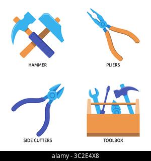 Repair tools flat icon set. Hammer, pliers, cutters and toolbox. Vector illustration. Stock Vector