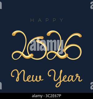 Creative curly style 3D gold 2026 numbers with script New Year lettering on elegant dark background. Great for festive web and print. Stock Vector