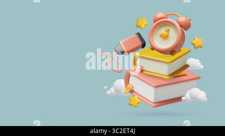 3D education background with a clock, books, felt-tip pen and stars Stock Vector