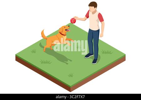 illustration of a person playing with a golden retriever dog, throwing an orange ball up in the air, depicting joyful pet interaction Stock Vector