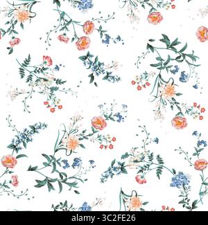 A delicate vintage floral pattern featuring a charming arrangement of pink roses, blue cornflowers, and green leaves scattered across a white backgrou Stock Photo