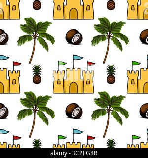 Seamless vector pattern with hand-drawn tropical elements: palm trees, sandcastles with flags, pineapples, and coconuts, creating a playful summer vib Stock Vector