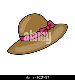 Elegant vector illustration of a brown sun hat with a pink ribbon and bow, perfect for fashion design or summer-themed projects. Stock Vector