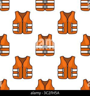 Seamless vector pattern of orange life vests with white stripes and gray buckles, ideal for nautical or safety-related designs. Stock Vector