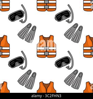 Seamless vector pattern of diving equipment: orange life vest, gray flippers, and diving mask with snorkel, creating a playful and summery underwater Stock Vector