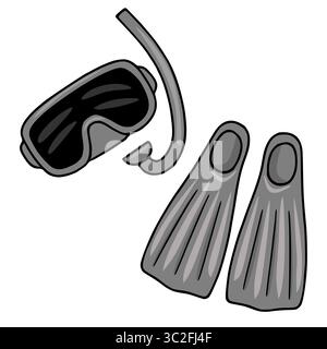 Stylish vector illustration of diving mask, snorkel, and flippers in grayscale, perfect for summer-themed designs or water sports equipment catalogs. Stock Vector