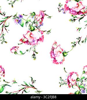 A seamless watercolor pattern featuring delicate, loose brushstroke depictions of pink roses and small, scattered purple wildflowers against a stark w Stock Photo