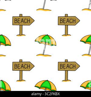 Seamless vector pattern featuring hand-drawn beach umbrellas and wooden Beach signs, creating a cheerful summer vibe with vibrant yellow and green col Stock Vector