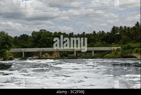 June 13, 2019 - Bangalore, Karnataka, India - A view of a polluted Vrushabhavathi Reservoir at Bidadi in Bangalore..The source for irrigation is the Vrushabhavathi Reservoir which is heavily polluted by industrial waste and all the waste flushed out from the city. (Credit Image: © Meghana Sastry/SOPA Images via ZUMA Wire) Stock Photo