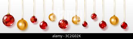 Set of red and golden Christmas ornaments, hanging on ribbons, smooth and decorated with intricate patterns of snowflakes. The balls have soft shadows Stock Vector