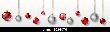 Set of red and silver Christmas ornaments, hanging on golden ribbons, smooth and decorated with intricate patterns of snowflakes. The balls have soft Stock Vector