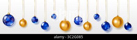 Set of blue and golden Christmas ornaments, hanging on ribbons, smooth and decorated with intricate patterns of snowflakes. The balls have soft shadow Stock Vector