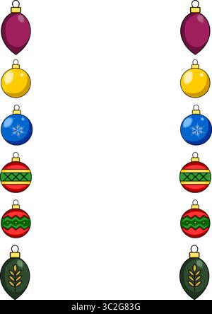Festive Christmas Vector Frame with Colorful Ornaments: A vertical arrangement of diverse baubles, including teardrop and round shapes, featuring soli Stock Vector