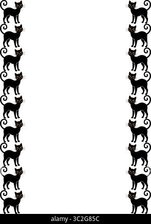 Seamless vector border design featuring a repeating pattern of cute black cats with curled tails and orange eyes, perfect for Halloween or whimsical d Stock Vector