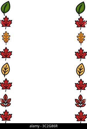 Autumnal vector frame design featuring a vertical arrangement of diverse leaves in red, orange, yellow and green hues, perfect for seasonal invitation Stock Vector