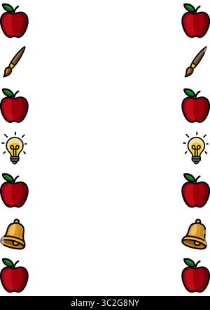 Vertical seamless vector pattern with red apples, paintbrushes, light bulbs, and golden bells, ideal for back-to-school designs or educational project Stock Vector