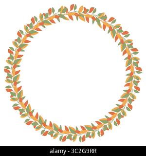 Elegant vector circular frame design featuring stylized autumn leaves in muted orange, green, and yellow hues, perfect for fall-themed invitations or Stock Vector