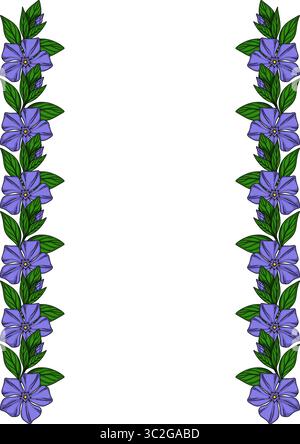 Elegant vector floral frame with periwinkle flowers and green leaves, perfect for invitations, cards, or decorative elements. Stock Vector