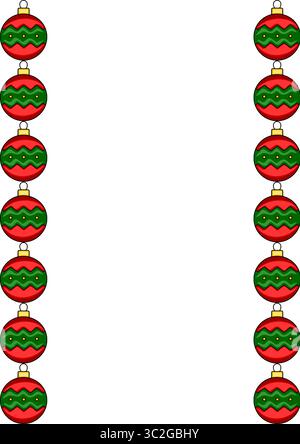Festive vector illustration of a Christmas card template with a vertical border of red and green Christmas balls with a zig-zag pattern. Stock Vector