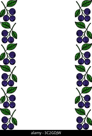Elegant vector blueberry branch border design, featuring dark purple berries and vibrant green leaves, perfect for invitations, cards, or packaging. Stock Vector