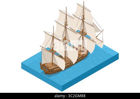 An isometric illustration of a large, majestic wooden sailboat with multiple full white sails, majestically gliding on blue water, symbolizing Stock Vector