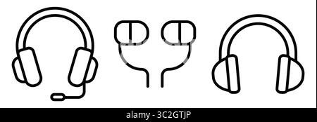 A collection of minimalistic line art designs showcasing different headset and earbud styles. Ideal for use in tech and audio projects. Stock Vector