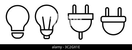 This minimalist line art image features a light bulb and a plug, representing energy concepts. Ideal for use in technology and sustainability themes. Stock Vector