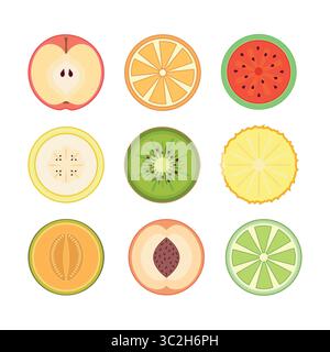 Flat vector illustration of round fruit slices. Set ideal for prints, packaging, menus, children’s books, stickers. Includes apple, orange, watermelon Stock Vector