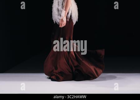 Elegant women fashion, brown silk dress and white blouse with feathers, chic clothes outfit on black background Stock Photo