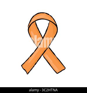 Orange ribbon isolated for Multiple sclerosis. Vector hand drawn illustration. Doodle style. Design element Stock Vector