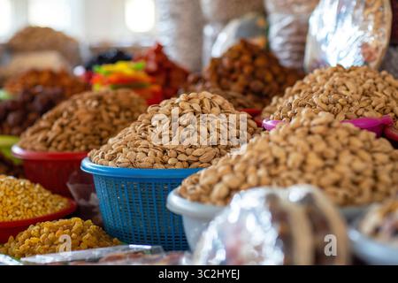 In every Uzbek bazaar you can see different types of almonds. Stock Photo