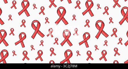 Seamless vector pattern of red awareness ribbons in hand-drawn doodle style. Perfect for HIV/AIDS campaigns, charity designs, medical posters, wrappin Stock Vector