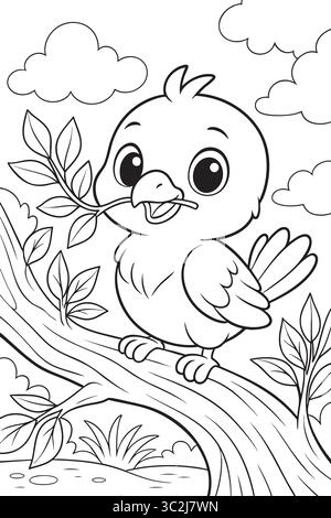 Cute bird with branch sitting on tree in coloring book style Stock Vector