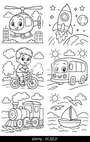 Set of cartoon vehicles and boy riding bicycle for kids. Stock Vector