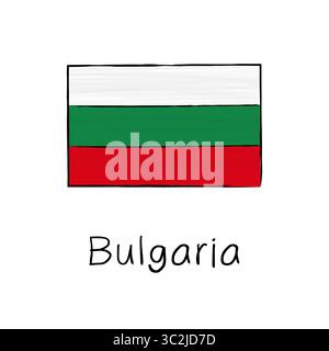 Bulgaria flag with outline and signature isolated on a white background. Hand drawn color vector illustration in sketch style. Stock Vector