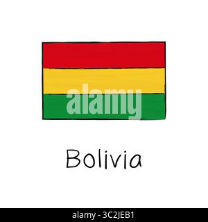 Bolivia flag with outline and signature isolated on a white background. Hand drawn color vector illustration in sketch style. Stock Vector