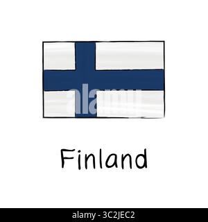 Flag of Finland with outline and signature on a white background. Hand-drawn vector illustration in sketch style. Isolated image, perfect for posters, Stock Vector