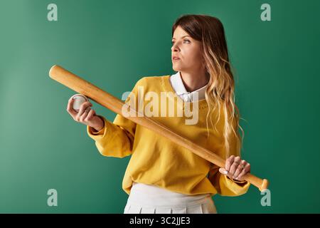 Bright summer vibe as a woman in a yellow sweater grips a baseball bat, ready for fun activities. Stock Photo
